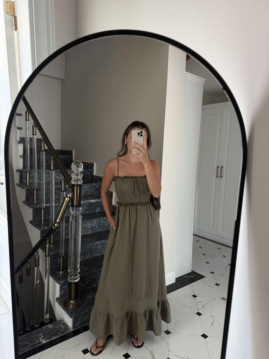 Olive Cotton Straps Dress With Dantel Details & Pockets