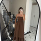Brown Cotton Straps Dress With Dantel Details & Pockets