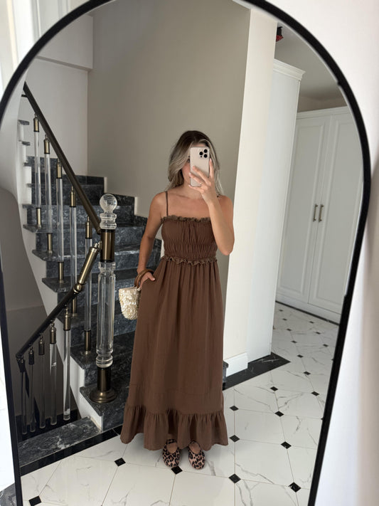Brown Cotton Straps Dress With Dantel Details & Pockets