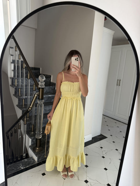 Yellow Cotton Straps Dress With Dantel Details & Pockets