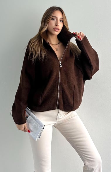 Brown Zip Up Wool Jacket