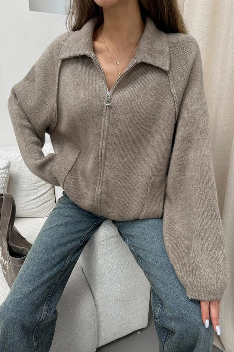 Beige Zip Up Wool Jacket