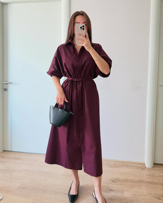 Burgundy Poplin Belted Dress
