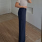Navy Stripy Linen Straight Leg Pants With Elastic Waist