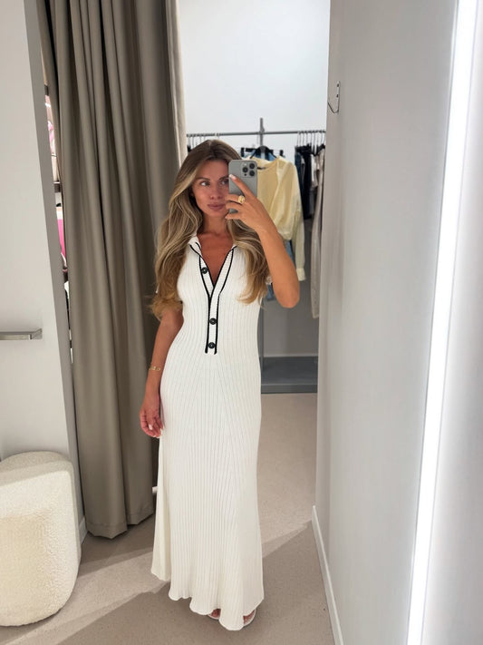Off White Triko Ribbed Dress With Black Stripes