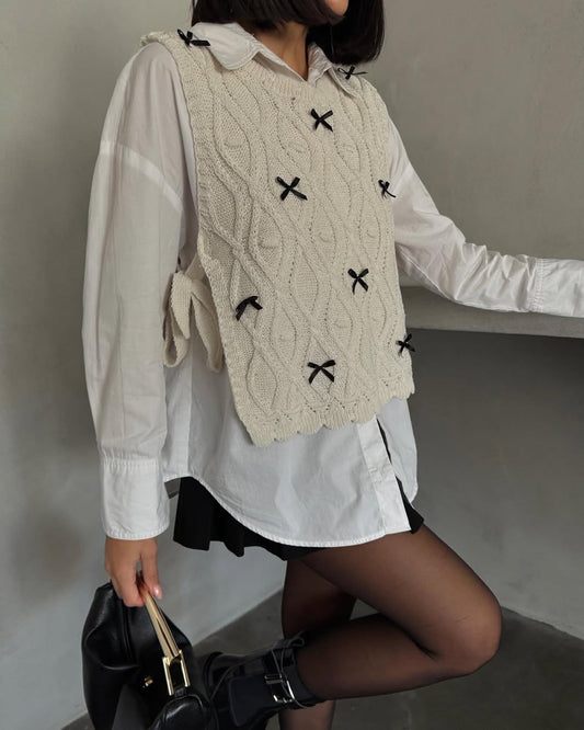 Off White Crochet Vest With Ties & Bows