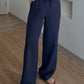 Navy Stripy Linen Straight Leg Pants With Elastic Waist