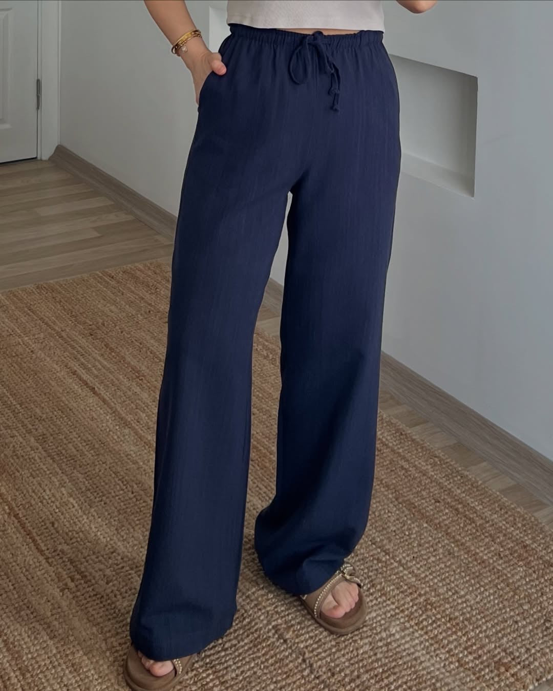 Navy Stripy Linen Straight Leg Pants With Elastic Waist