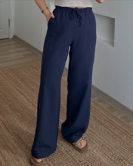 Navy Stripy Linen Straight Leg Pants With Elastic Waist