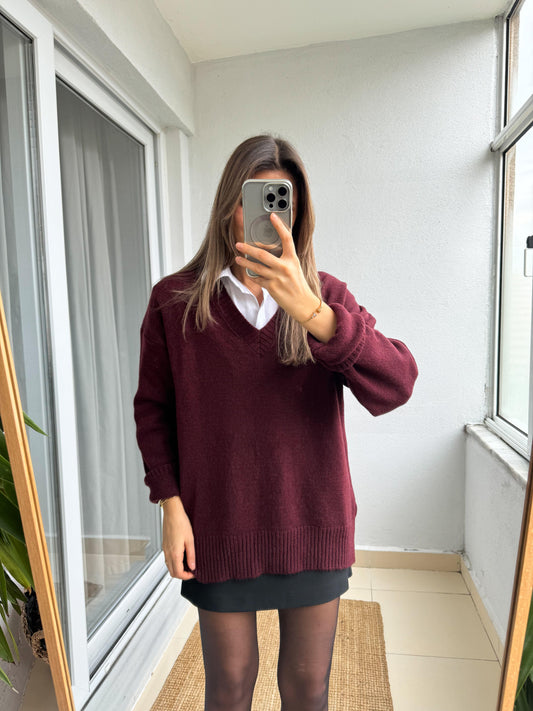 Burgundy V Neck Pullover