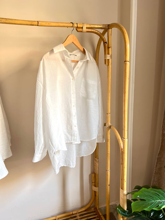 White Linen High Low Shirt