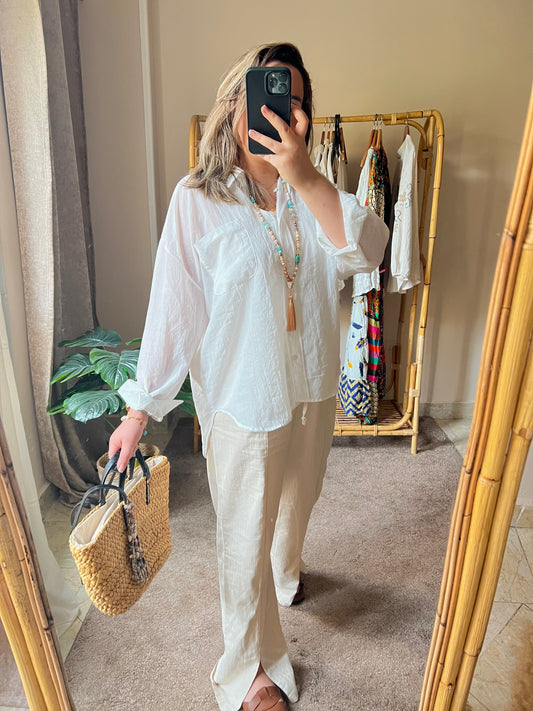 White Linen High Low Shirt