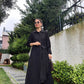 Black Embroidered Floral Dress With Side Belt