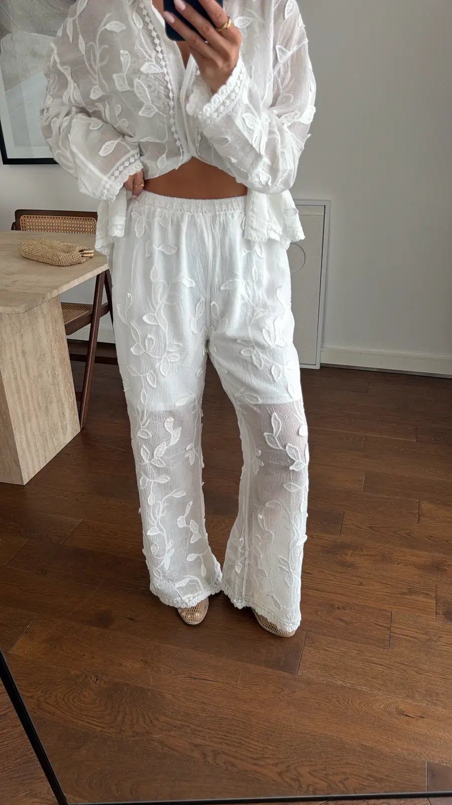 White Floral Petals Straight Leg Pants