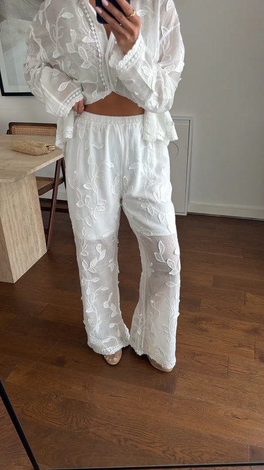 White Floral Petals Straight Leg Pants