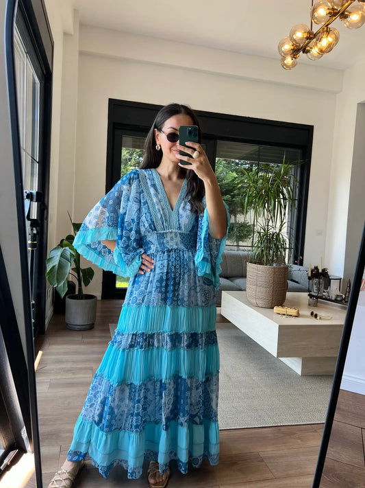 Blue Floral Chiffon Ruffle Dress With Elastic Waist