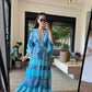 Blue Floral Chiffon Ruffle Dress With Elastic Waist
