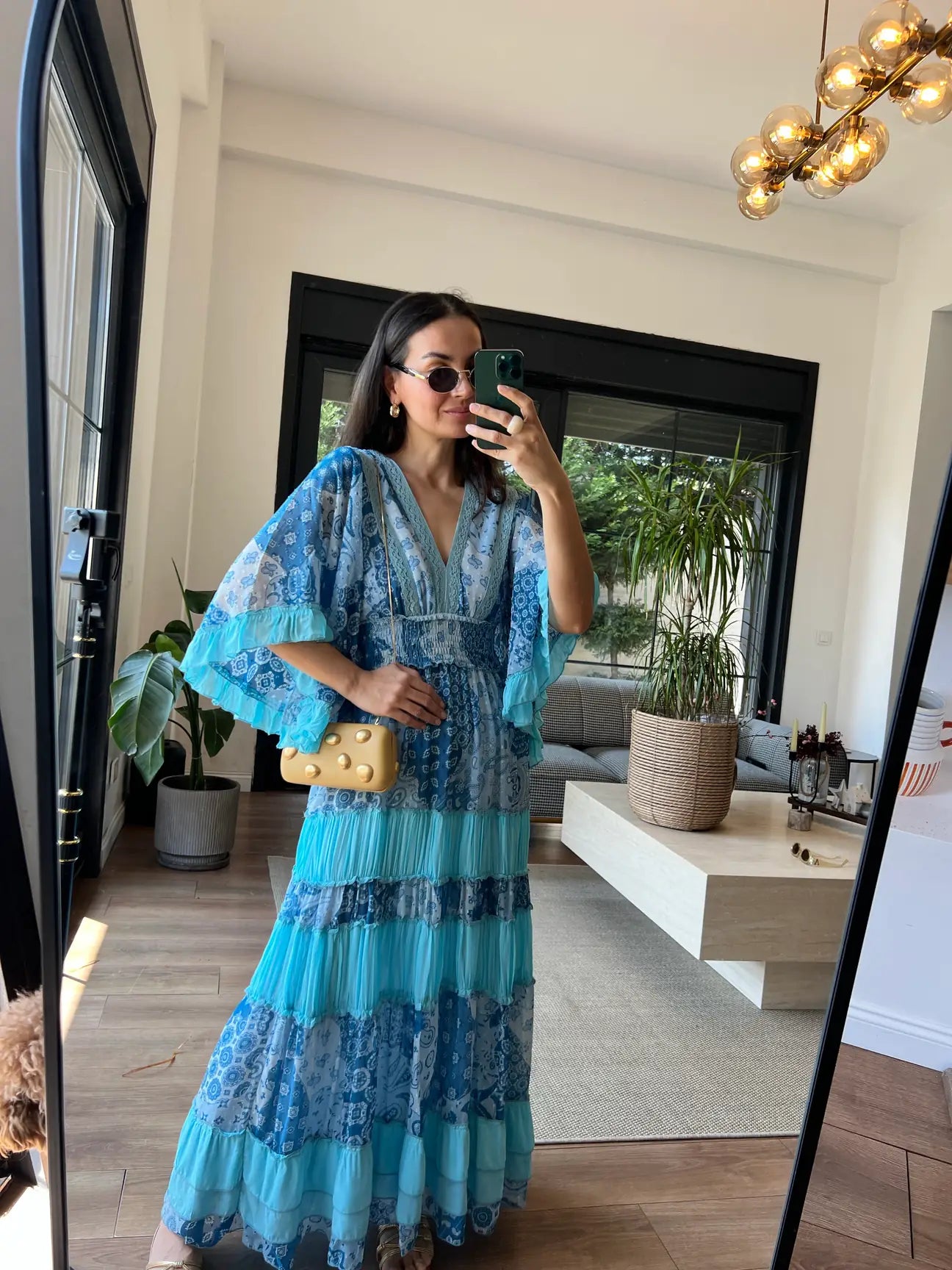 Blue Floral Chiffon Ruffle Dress With Elastic Waist