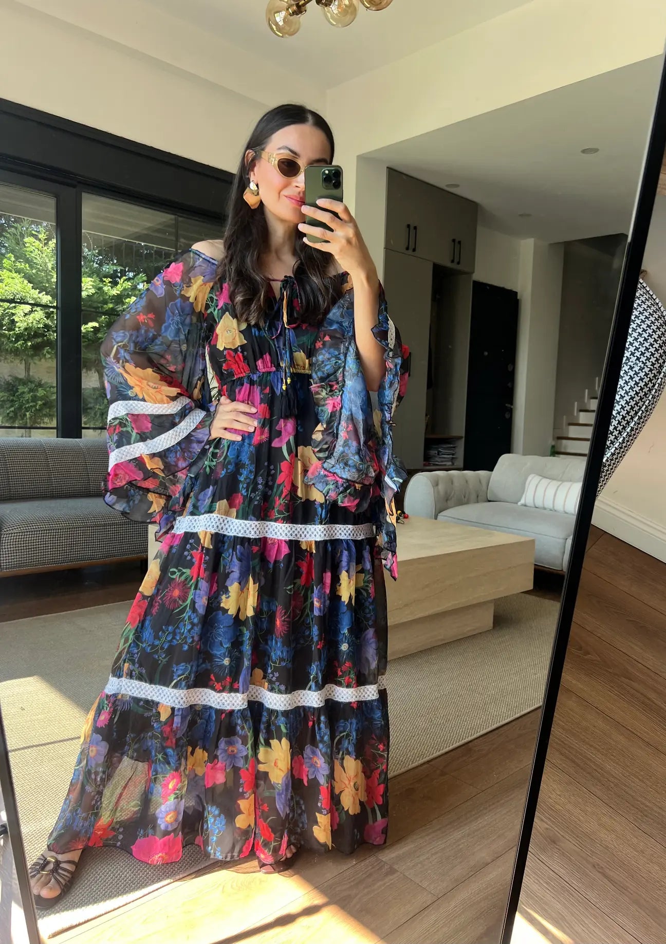 Black Floral Chiffon Dress With Ruffles & Lace