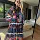 Black Floral Chiffon Dress With Ruffles & Lace