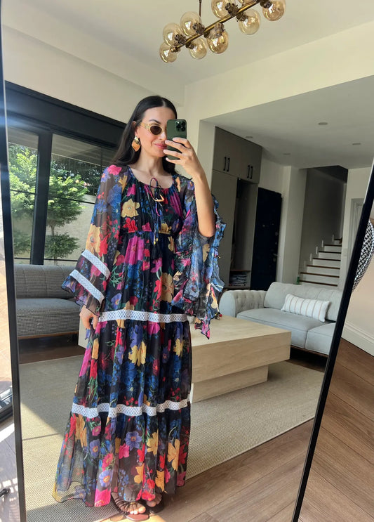 Black Floral Chiffon Dress With Ruffles & Lace