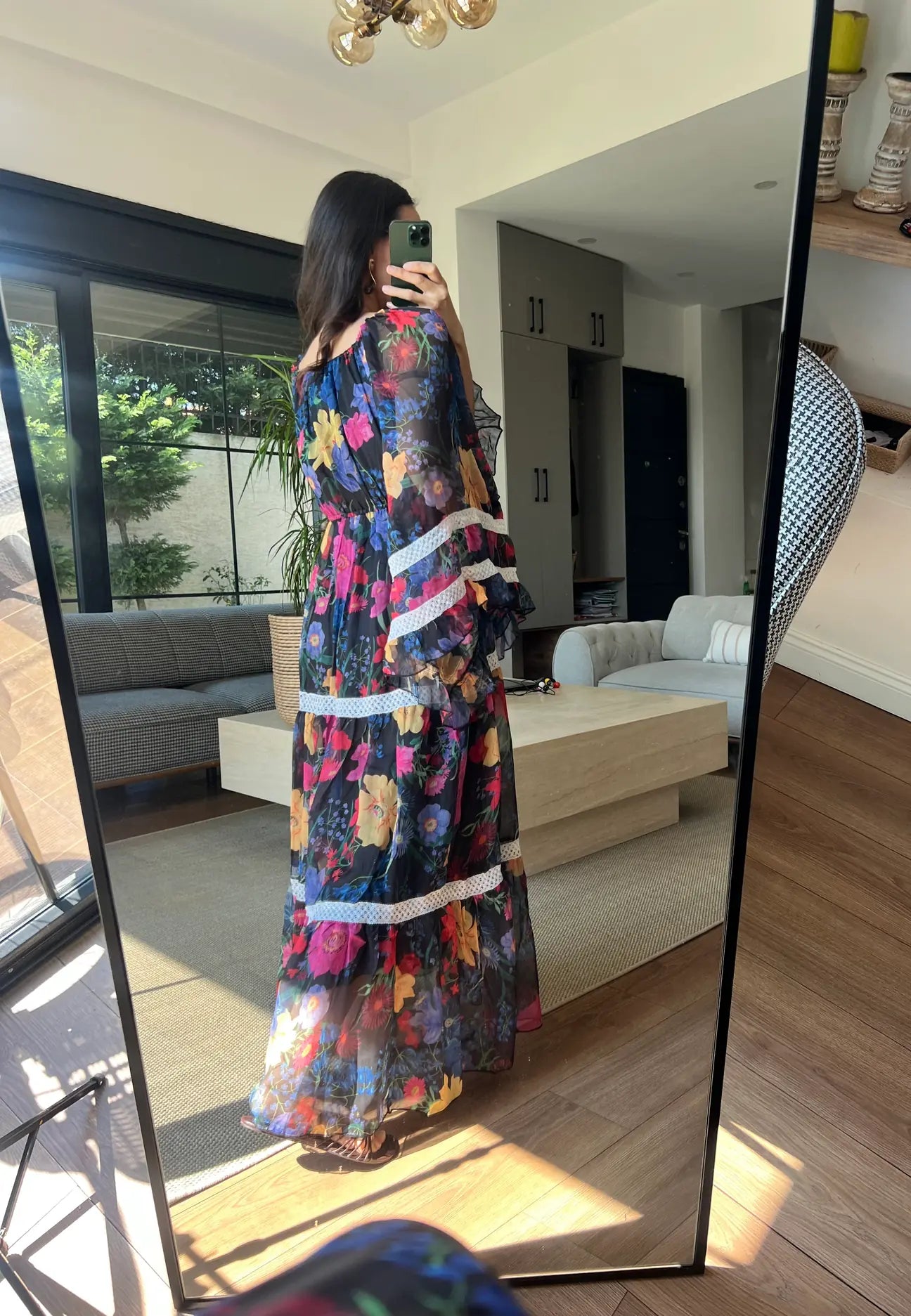 Black Floral Chiffon Dress With Ruffles & Lace