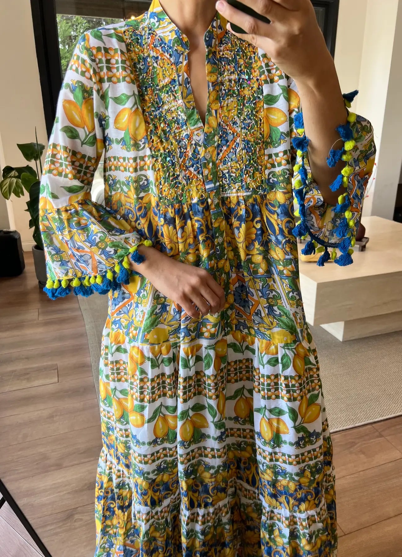 The Positano Embroidered Blue Lemon Dress With Tassels