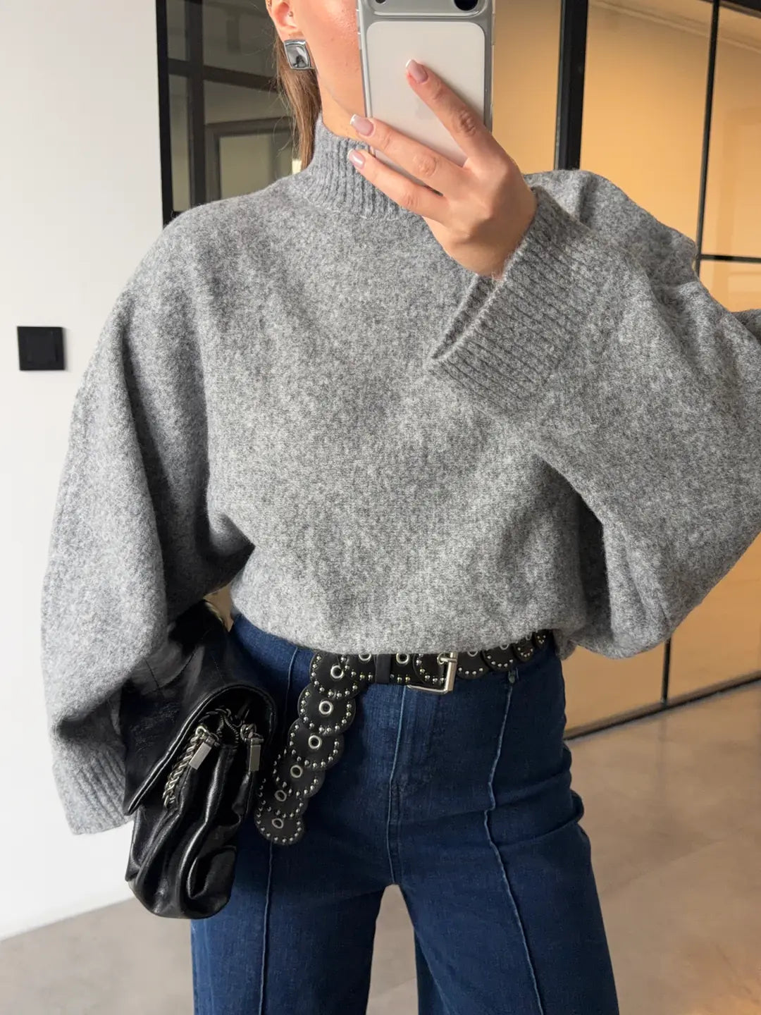 Grey Bat Sleeves High Neck Pullover