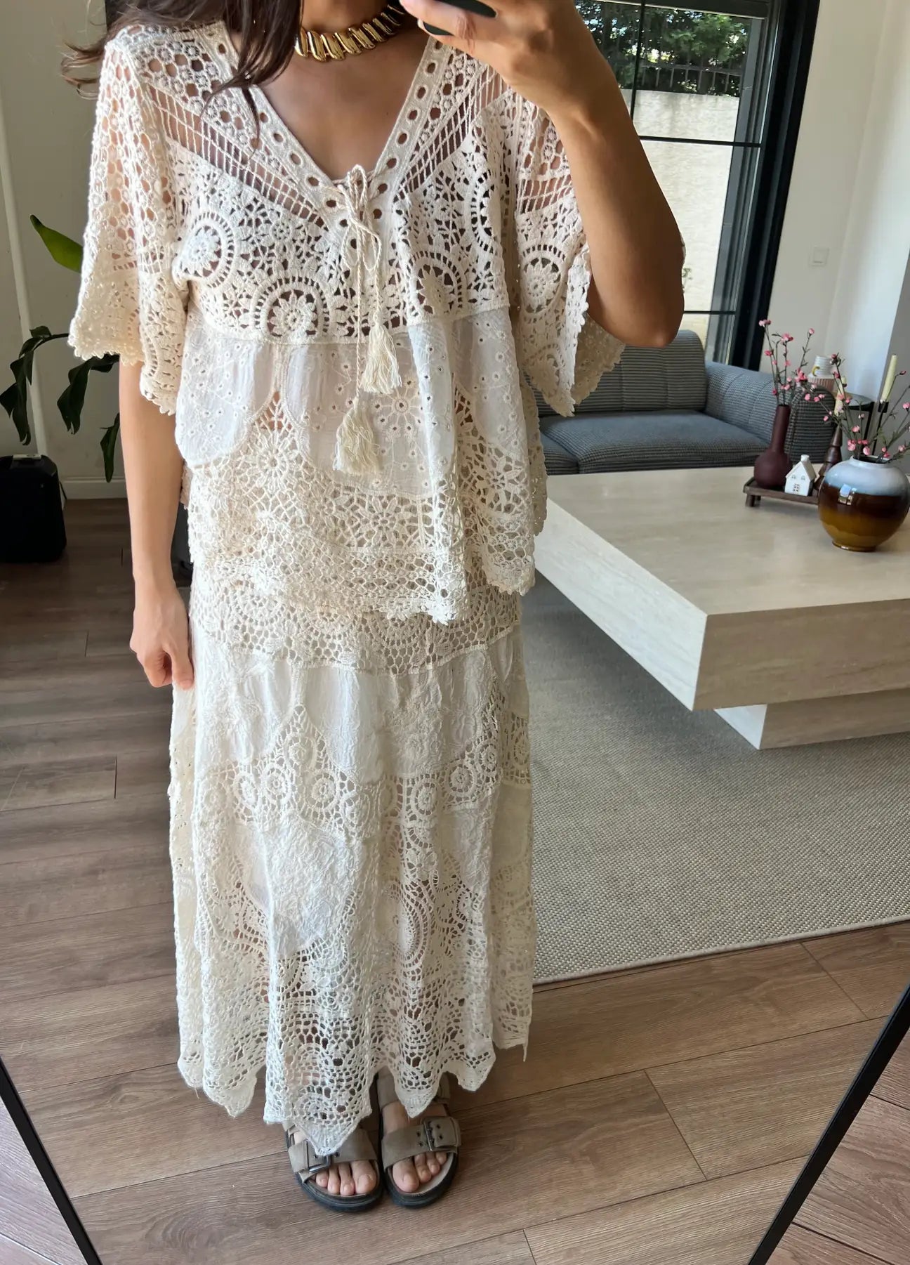 Boho Beige Indian Crochet Skirt Set