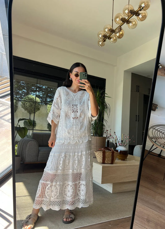 White Floral Crochet Long Blouse