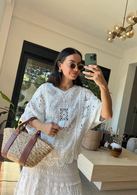 White Floral Crochet Long Blouse