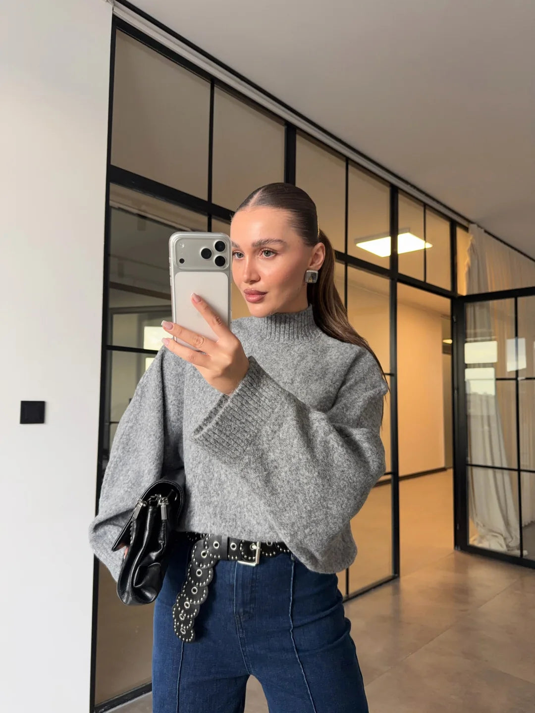 Grey Bat Sleeves High Neck Pullover