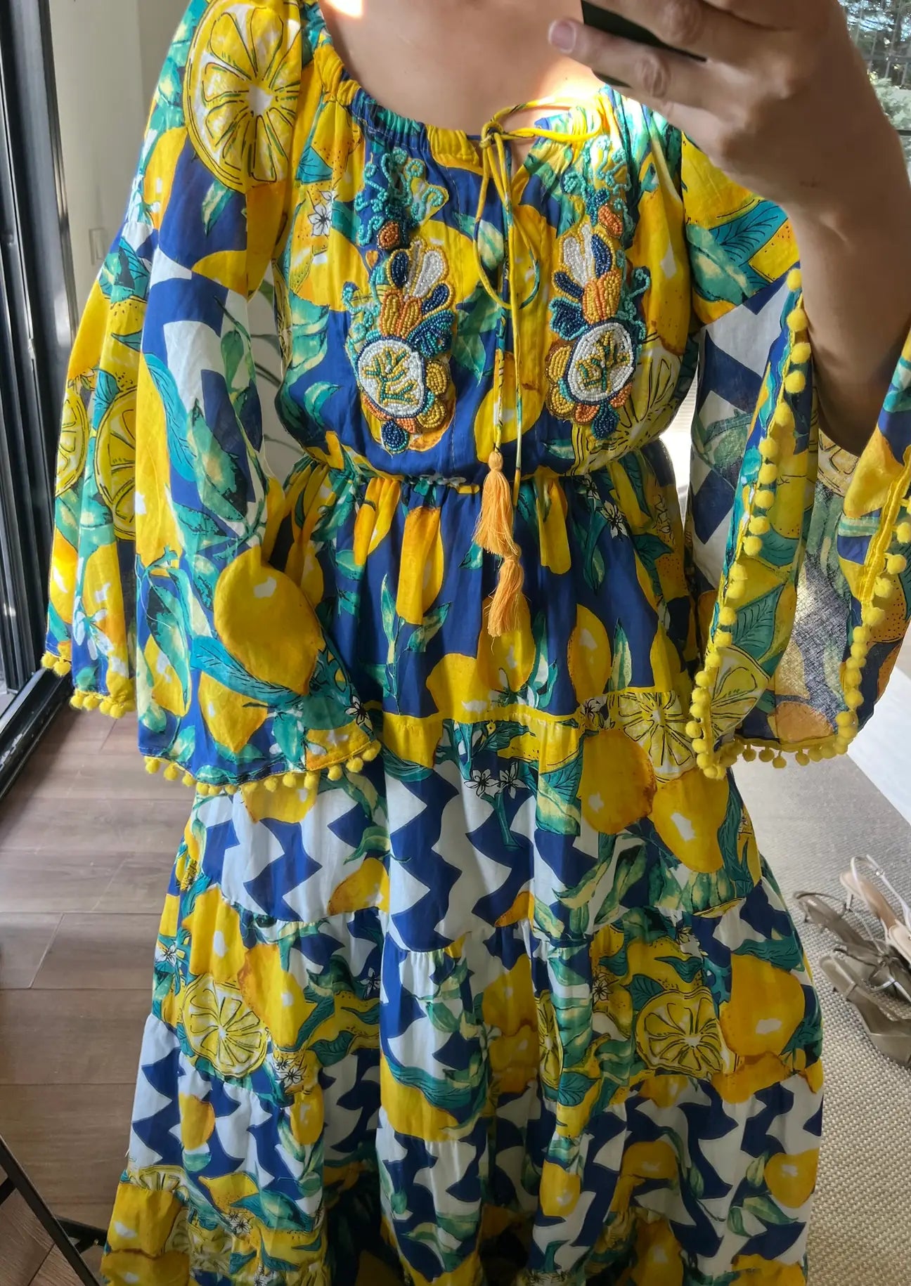 Antica Sartoria Blue Lemon Dress With Handmade Embroidery Beads