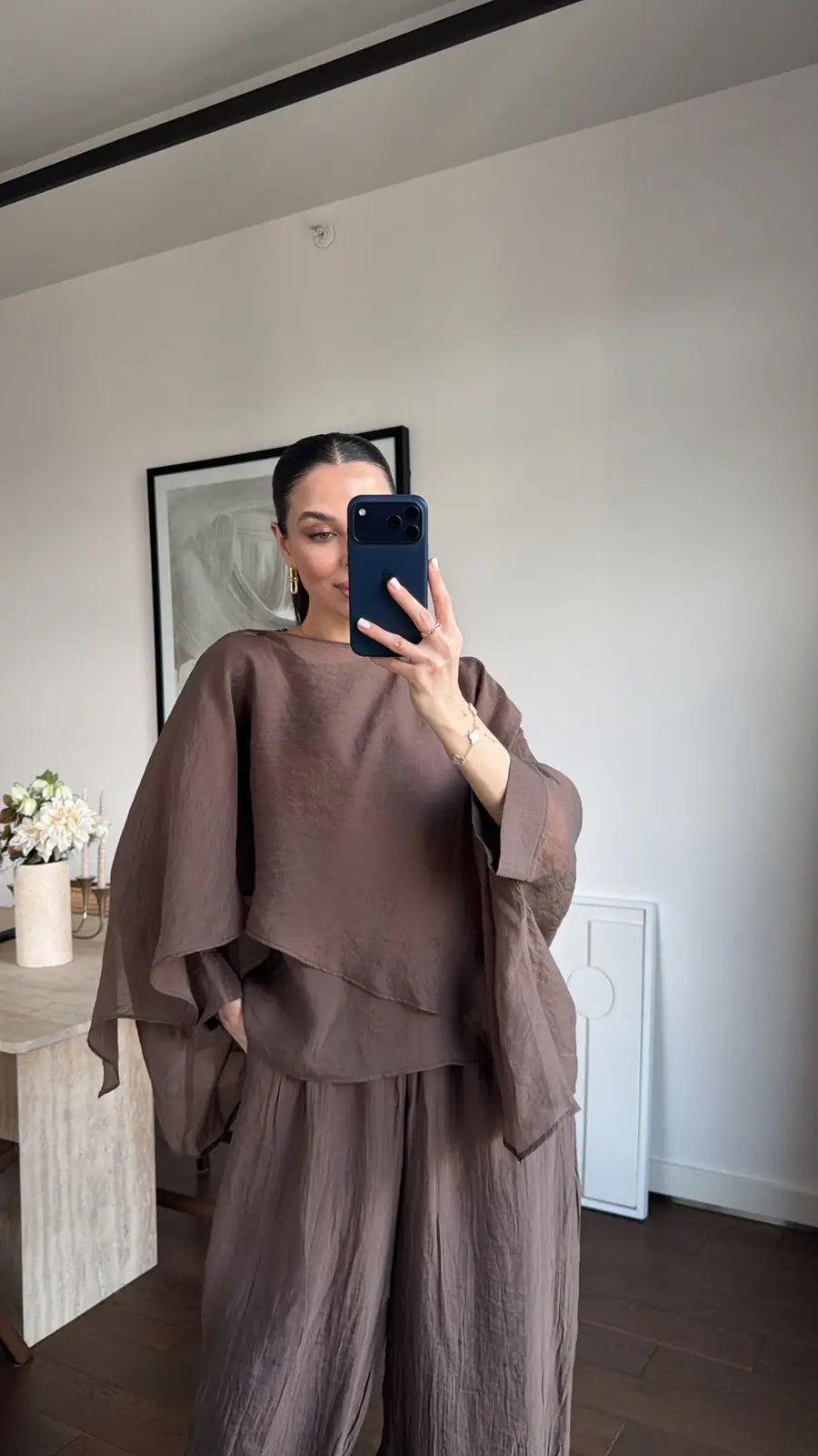 Brown Chiffon Cape Blouse