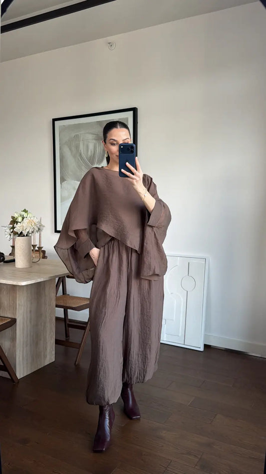 Brown Boho Balloon Chiffon Inlined Pants