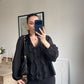 Black Ruffles V Neck Blouse