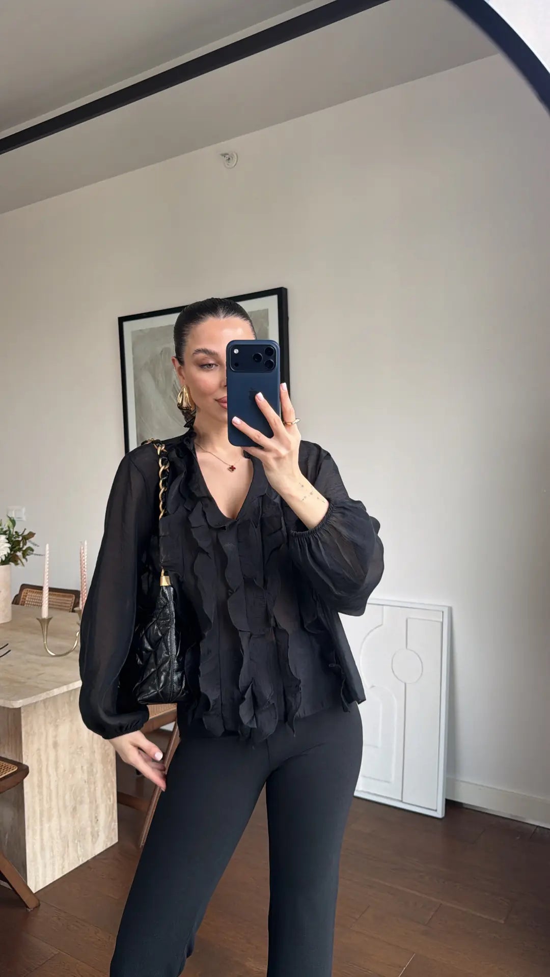 Black Ruffles V Neck Blouse