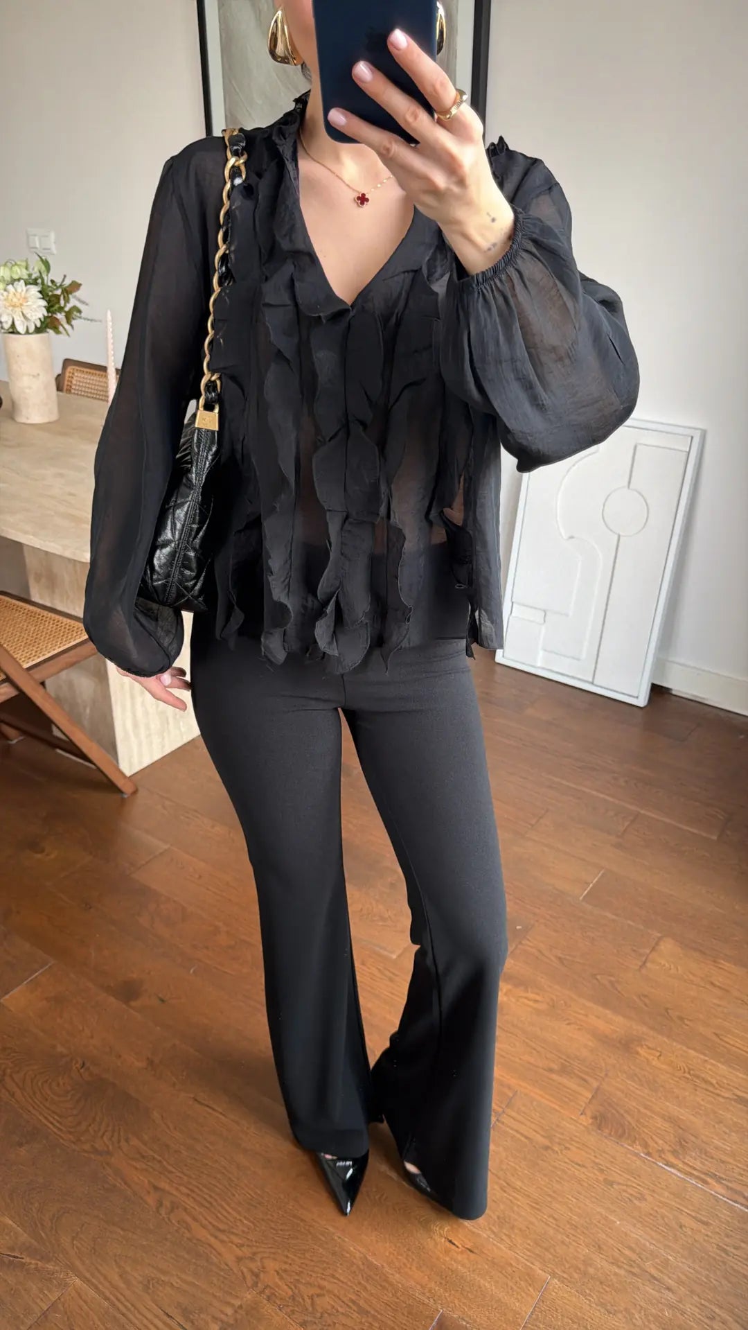 Black Ruffles V Neck Blouse