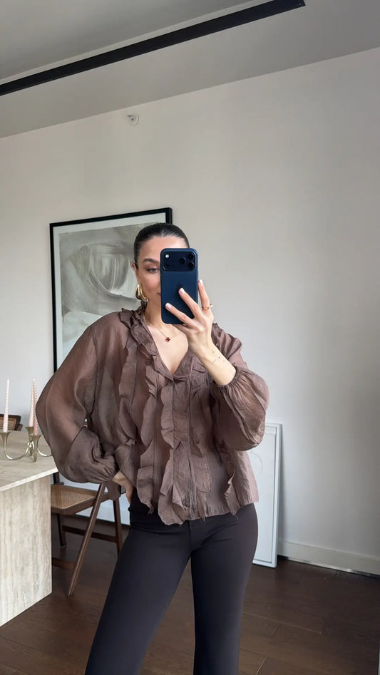 Brown Ruffles V Neck Blouse