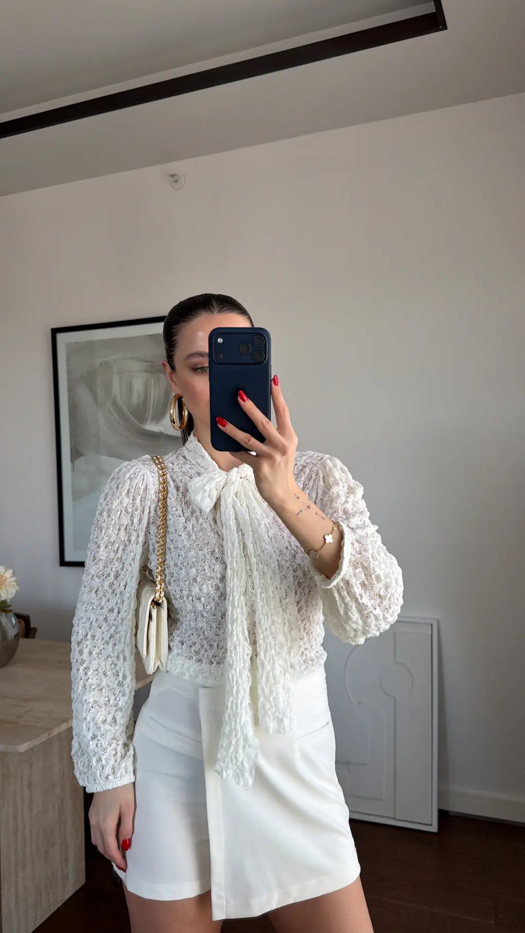 Off White Lace Blouse With Front Ties