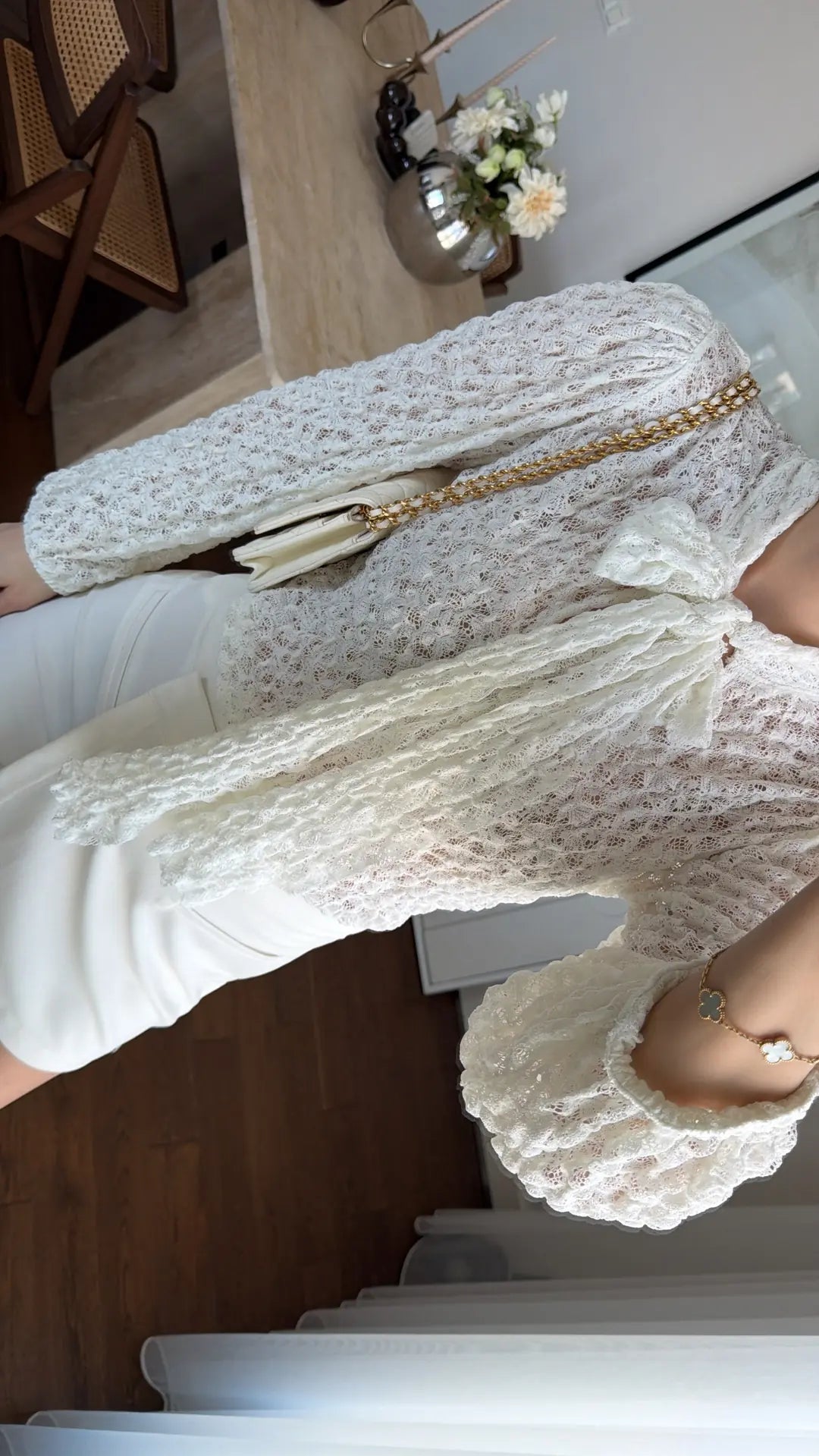 Off White Lace Blouse With Front Ties