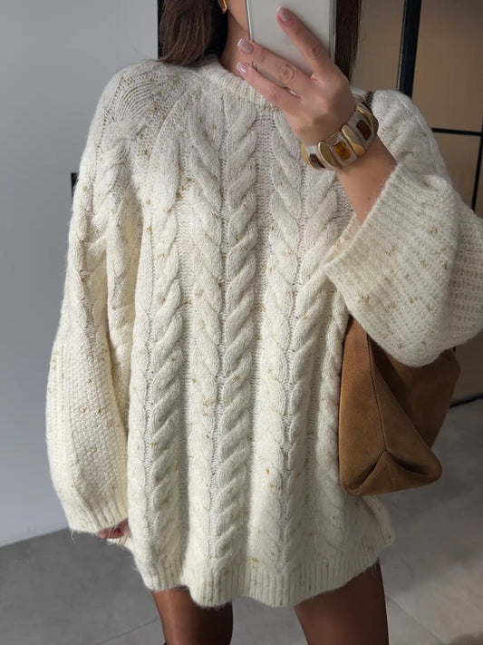 Cream Braided Oversized Pullover With Silver Threads