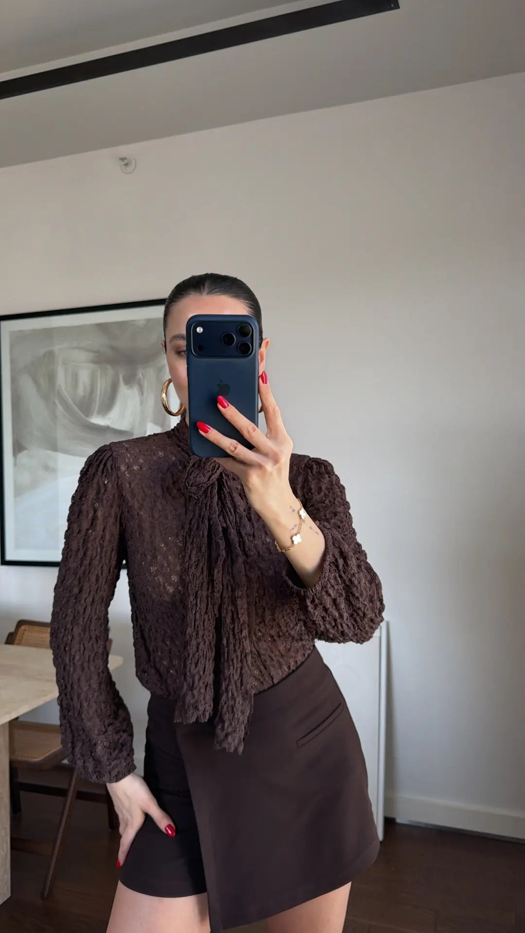 Brown Lace Blouse With Front Ties