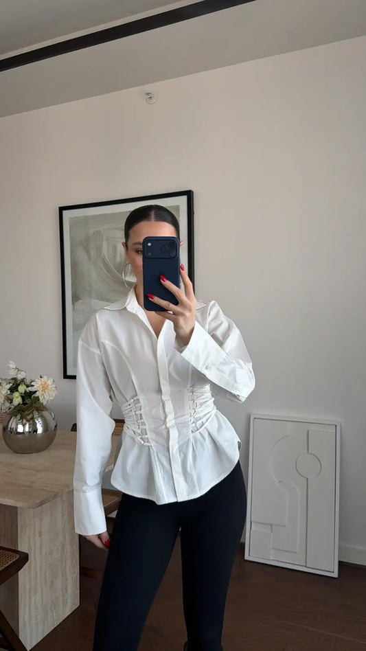 White Corset Shirt With Ties
