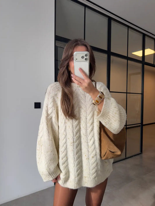 Cream Braided Oversized Pullover With Silver Threads