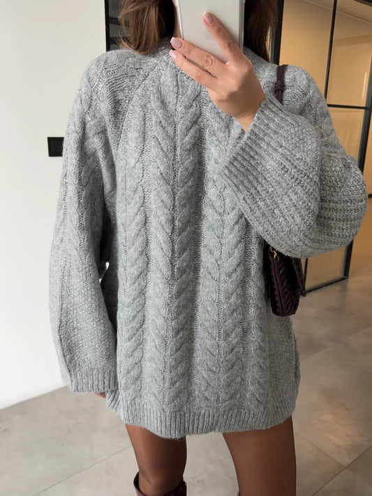 Grey Braided Oversized Pullover With Silver Threads
