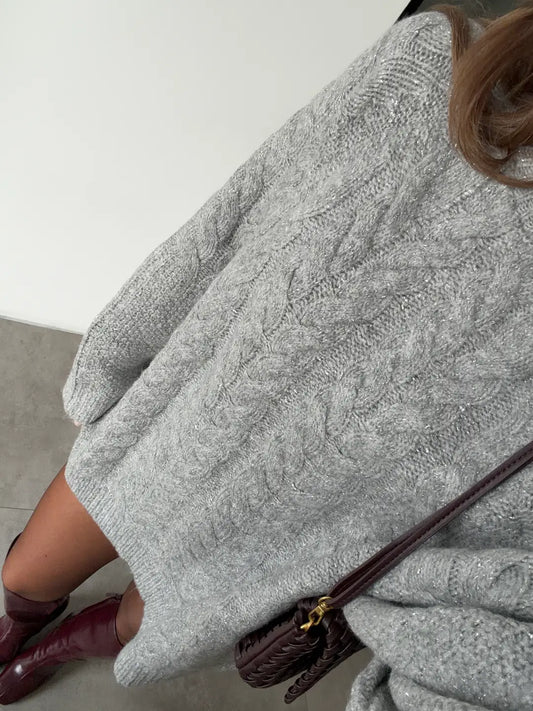 Grey Braided Oversized Pullover With Silver Threads