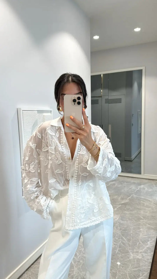 White Embroidered Petals Shirt