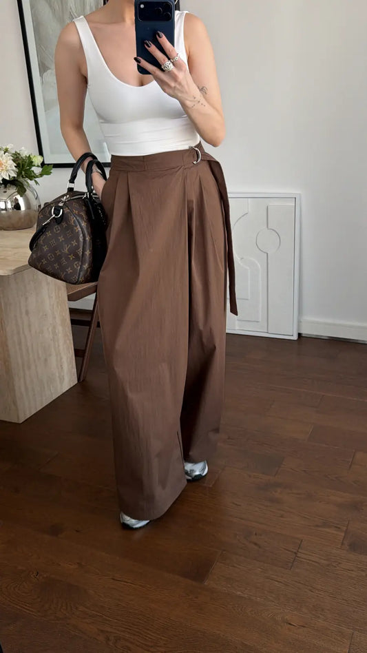Brown Draped Wrap Gabardine Pants