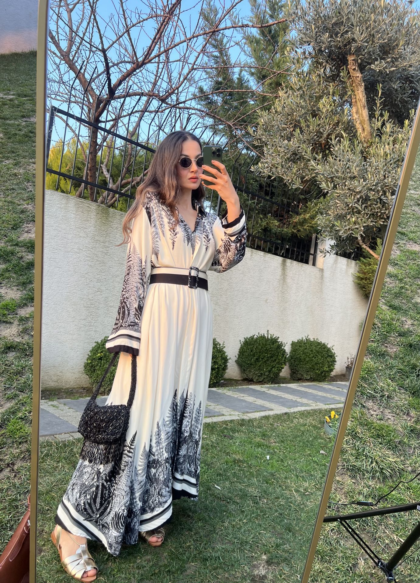 Black Leaves Shirt Dress With Belt